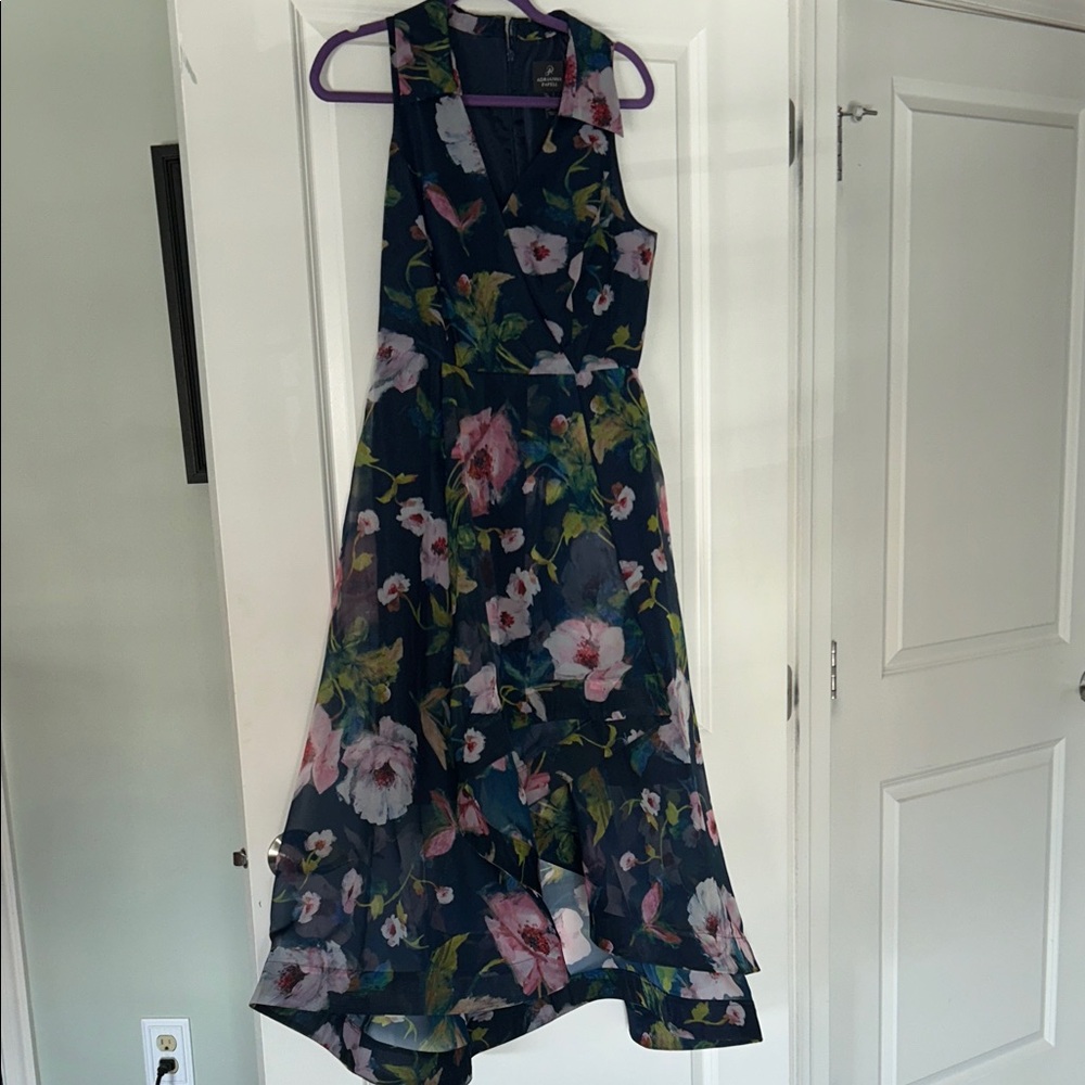 Adrianna Papell High Low Floral Dress - Navy and Pink